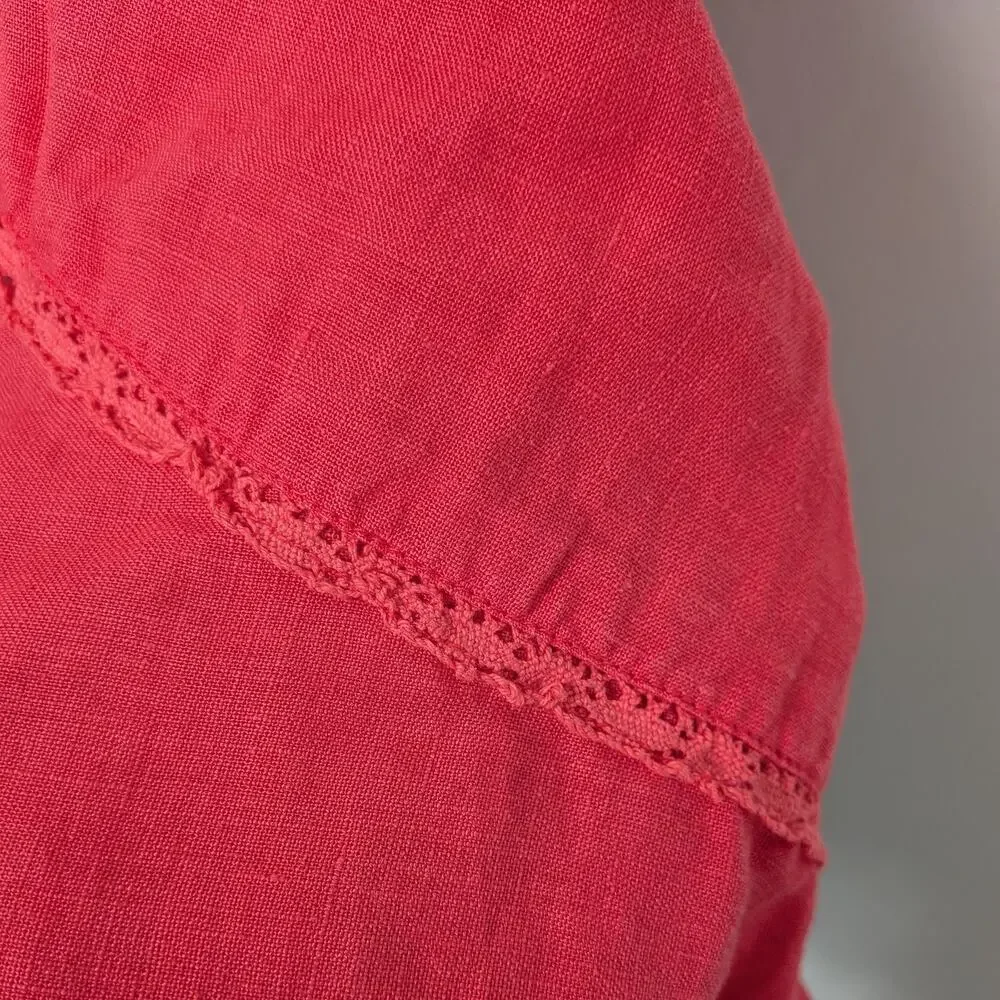Linen Midi Skirt XL Coral Pink Ruffle Lace Boho A-Line Elastic Pull On Fairy Y2K - Picture 5 of 9